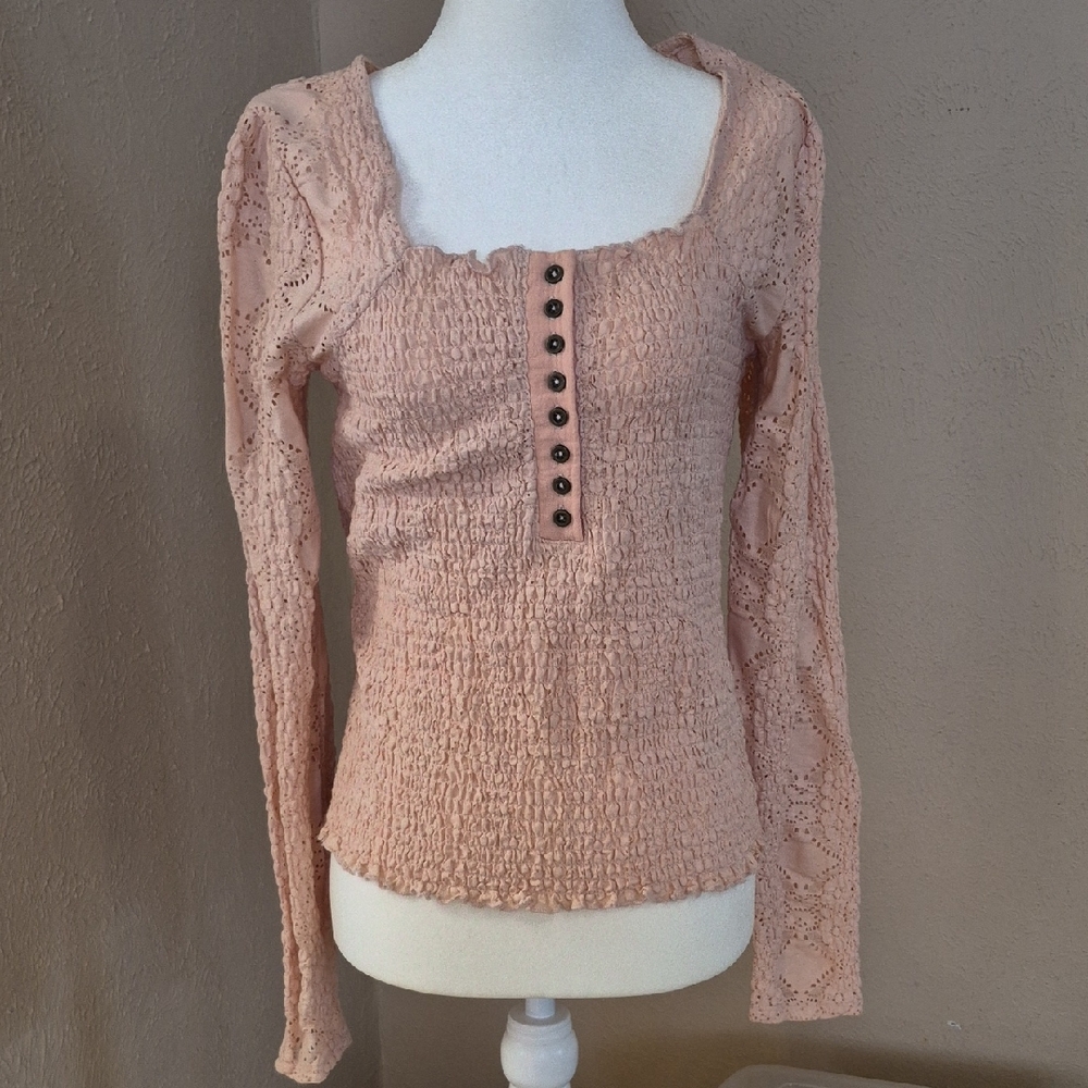 gimmicks by BKE Blush Smocked Lace-Sleeve Long Sleeve Top